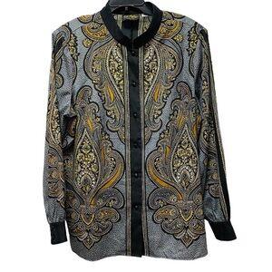 Bob Mackie Wearable Art Blouse Button Up Paisley Long Sleeve Shoulder Pads L